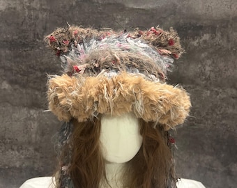 Handmade Desert Rose Crochet Cat Ear Hood, Halloween Fairycore Hat, Fluffy Woodland Hood for Everyday Wear