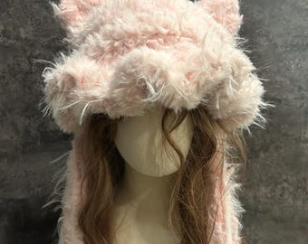 Pink Handmade Crochet Cat Ear Beanie – Fluffy Winter Hat, Fluffy Pink Jellyfish Hat
