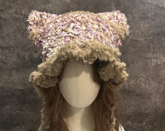 Fuzzy Cat Ear Earflap Beanie - Handmade Crochet Winter Hat