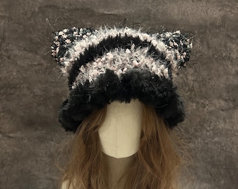 Handmade Crochet Cat Ear Beanie – Fluffy Black Winter Hat, Cozy Fit