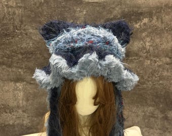 Handmade Cat Ear Hood, Fairycore Hood, Crochet Cosplay Hood, Halloween Costume, Renaissance Faire Hood, Fantasy Festival Hood