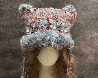 Fluffy Crochet Cat Ear Hat, Pastel Furry Kawaii Beanie, Handmade Winter Hat, Cute Christmas & Thanksgiving Gift for Her