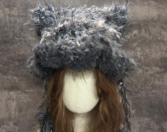 Handmade Storm Gray Cat Ear Hood, Handmade Crochet Fairycore Hood, Renaissance Faire, Halloween Costume, Fantasy Cosplay Hood