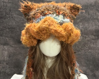 Handmade Crochet Cat Ear Hood, Autumn Woodland Fairycore Hat