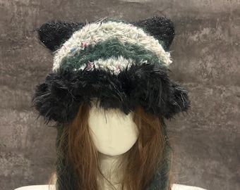 Handmade Midnight Garden Crochet Cat Ear Hood, Black Green Halloween Hat, Dark Fairycore Hood for Everyday Wear