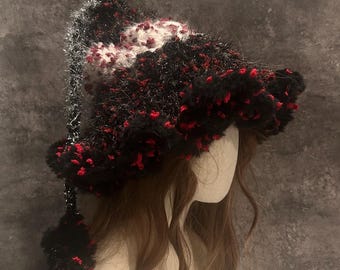 Handmade  Furry Elf Hat with Long Tail, Winter Beanie, Cozy Christmas Holiday Gift
