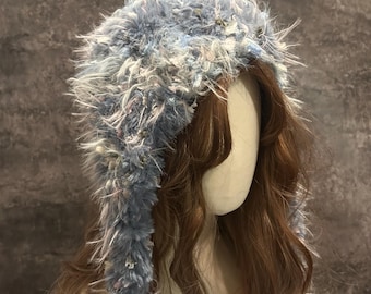 Fluffy Blue Bucket Beanie, Cozy Winter Hat, Handmade Fuzzy Crochet Hat, Statement Cold Weather Beanie Gift