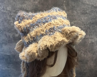 Crochet Cat Ear Beanie, Fluffy Furry Winter Hat, Handmade
