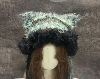 Handmade Green Black Crochet Cat Ear Hood, Dark Fairycore Halloween Hat, Handmade Crochet Fairycore Hood, Renaissance Faire, Halloween Costu