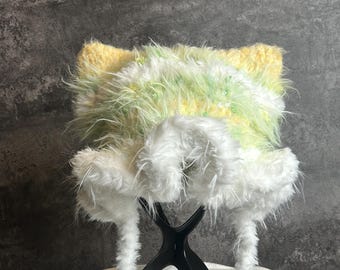 Handmade Crochet Cat Ear Beanie: Fuzzy Pastel Winter Hat