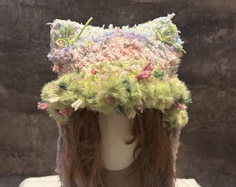 Short Style Cat Ear Beanie - Cozy & Handmade Crochet Winter Hat,Macaron Colors