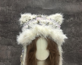 Handmade White Fluffy Crochet Cat Ear HoodHandmade Crochet Fairycore Hood, Renaissance Faire, Halloween Costume, Fantasy Cosplay Hood