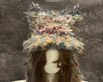 Handcrafted Woodland Cat Ear Crochet Hood | Fairycore Cosplay Hood | Handmade Fuzzy Hooded Scarf | Forest Witch Hat | Festival Hood