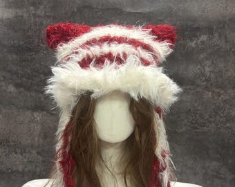 Handmade Red White Crochet Cat Ear Hood, Christmas Fairycore Hat, Fluffy Candy Cane Winter Hood Fairycore Halloween Hat, Handmade Crochet