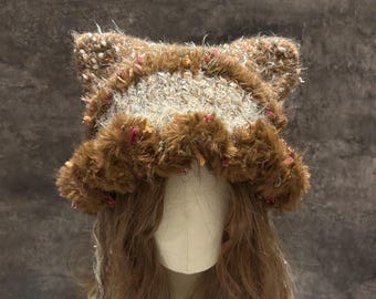 Chunky Crochet Cat Ear Hat, Fuzzy Faux-Fur Trim, Cottagecore Fall Accessory