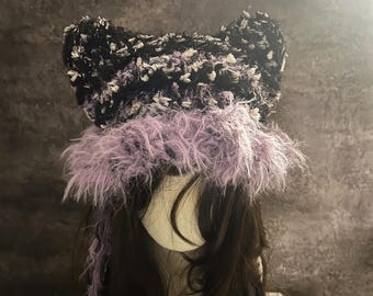 Handmade Crochet Cat Ear Beanie, Fluffy Pastel Winter Cap