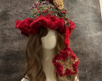 Handmade Furry Christmas Hat with Cat Ears, Red Green Furry Elf Style Beanie, Limited Holiday Edition, Unique Christmas Gift for Her