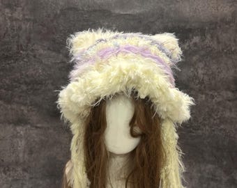 Cute Cat Ear Hood, Handmade Crochet Hood, Fairycore Cosplay Hood, Kawaii Hood, Halloween Costume, Festival Outfit