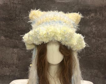 Handmade Pastel Yellow Crochet Cat Ear Hood,  Handmade Crochet Fairycore Hood, Renaissance Faire, Halloween Costume, Fantasy Cosplay Hood