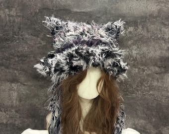 Handmade Black Gray Crochet Cat Ear Hood, Dark Fairycore Halloween Hat, Grunge Fluffy Hood for Everyday Wear