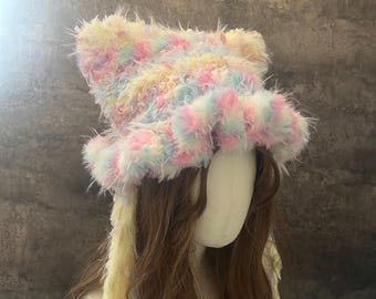 Colorful Handmade Crochet Cat Ear Beanie – Fluffy Winter Hat, Fluffy Pink Jellyfish Hat