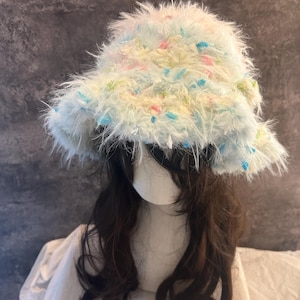 1275 Fuzzy Bucket Hat Winter Fluffy Furry Plush Faux Fur Hats Rainbow Cute Rainbow Fuzzy Bucket Hats Women Winter Furry Plush Faux Fur  main image 3