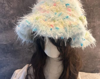 Fluffy Crochet Fuzzy Bucket Hat, Winter Furry Fisherman Hat, Handmade Limited Holiday Edition, Unique Christmas Gift for Her