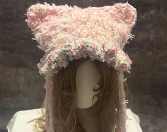 Short Style Cat Ear Beanie - Cozy & Handmade Crochet Hat, Pink Colors