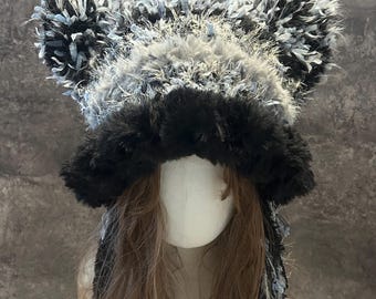 Handmade Crochet Cat Ear Beanie – Fluffy Winter Hat, Fluffy blue black Jellyfish Hat