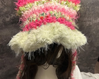Handmade Crochet Cat Ear Beanie, Fluffy Pastel Winter Cap