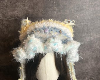 Winter Hat/Cat Ear Beanie-Handmade Crocheted Hat, warm, ear flap beanie, Cozy Holiday Gift, Striped Cat Ear Beanie, Cozy Warm Winter Hat