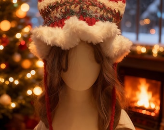Handmade Furry Christmas Cat Ear Hat, Red Green Elf Beanie