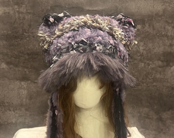 Crochet Cat Ear Beanie, Fluffy Pastel Furry Winter Hat