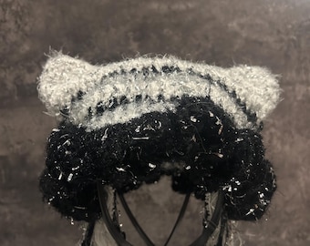 Fluffy Crochet Cat Ear Hat for Kids & Teens, Pastel Lilac Fuzzy Kawaii Beanie, Handmade Winter Hat, Cute Christmas Holiday Gift