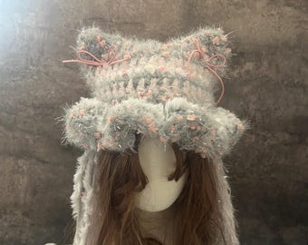 Short Style Cat Ear Beanie - Cozy & Handmade Crochet Winter Hat,Silver Colors