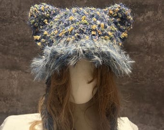 Short Style Cat Ear Beanie - Cozy & Handmade Crochet Winter Hat, Celestial Cottagecore Hat