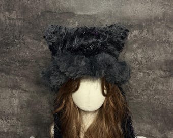 Handmade Black Crochet Cat Ear Hood, Gothic Halloween Hat, Dark Fairycore Fluffy Hood for Everyday Wear