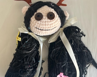 crochet doll keychain – ooak handmade fiber art plush – Weird goth bag charm gift