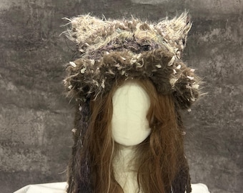 Woodland Cat Ear Hood, Handmade Crochet Hood, Fairycore Cosplay Hood, Renaissance Faire, Halloween Costume, Forest Hood