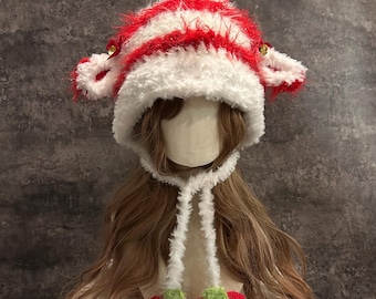 Handmade Christmas Beanie Winter Hat – Lamb Ear Beanie w/ Crochet Apple Charms, Cozy Holiday Hat