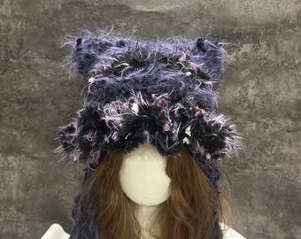 Handmade Purple Black Crochet Cat Ear Hood, Dark Fairycore Halloween Hat, Fluffy Witchy Hood for Everyday Wear