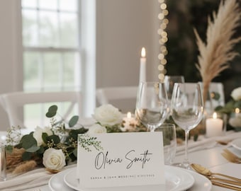 Boho Place Card Template | Editable Canva Name Cards | Cream Beige Seating Cards with Greenery | Wedding & Event Table Decor