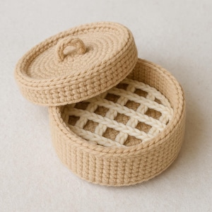 Op de afbeelding: Een beige gehaakte doos met een deksel en een wit gehaakt interieur. Het deksel heeft een handvat.