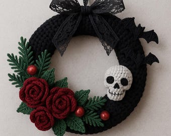 Gothic Wreath – Gothmas Crochet Wreath with Roses, Skull & Bats, 20–22 Inch Handmade Halloween/Christmas Decor