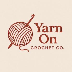 May include: A red logo for a crochet company called "Yarn On Crochet Co." The logo features a ball of yarn with a crochet hook going through it.