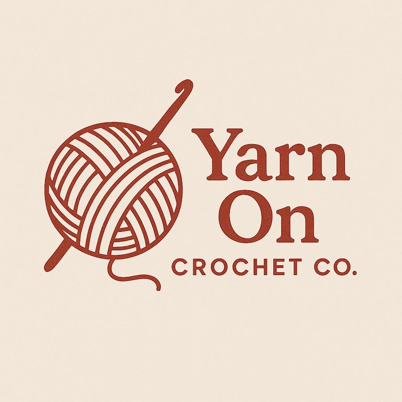 May include: A red logo for a crochet company called "Yarn On Crochet Co." The logo features a ball of yarn with a crochet hook going through it.