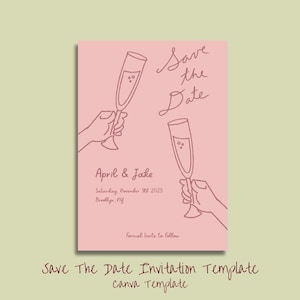 Save The Date Champagne Hand Drawn Invitation Template, Illustrated Invite, Wedding Save The Date, Editable Hand Drawn Designs