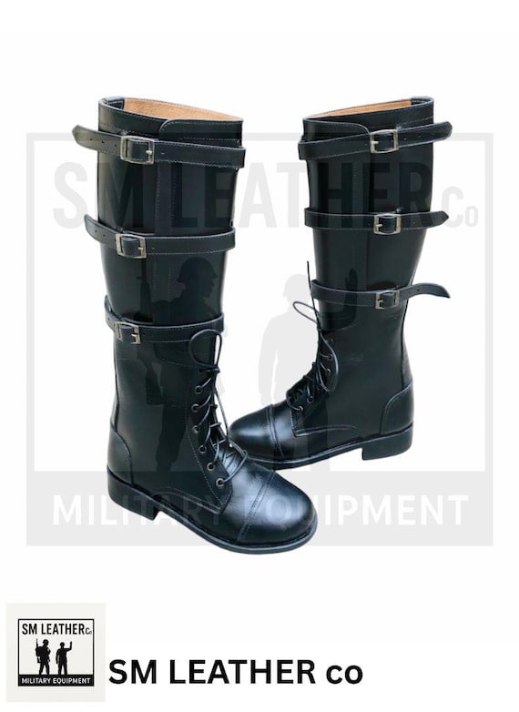 Handmade Black Leather Knee High Boots: Military Lace-Up Combat Riding Boots