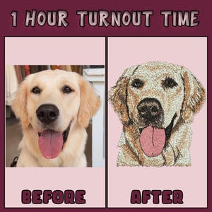 Puede incluir: Imagen antes y después de un perro bordado. La imagen antes muestra un golden retriever con la lengua fuera. La imagen después muestra la cara del perro bordada en hilo marrón y blanco.