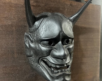 Vintage Japanese Iron Hannya Mask with Wood Board, Antique Oni Demon Wall Art, Noh Theater Decor 30x40cm 般若, Samurai Decor, Metal Sculpture